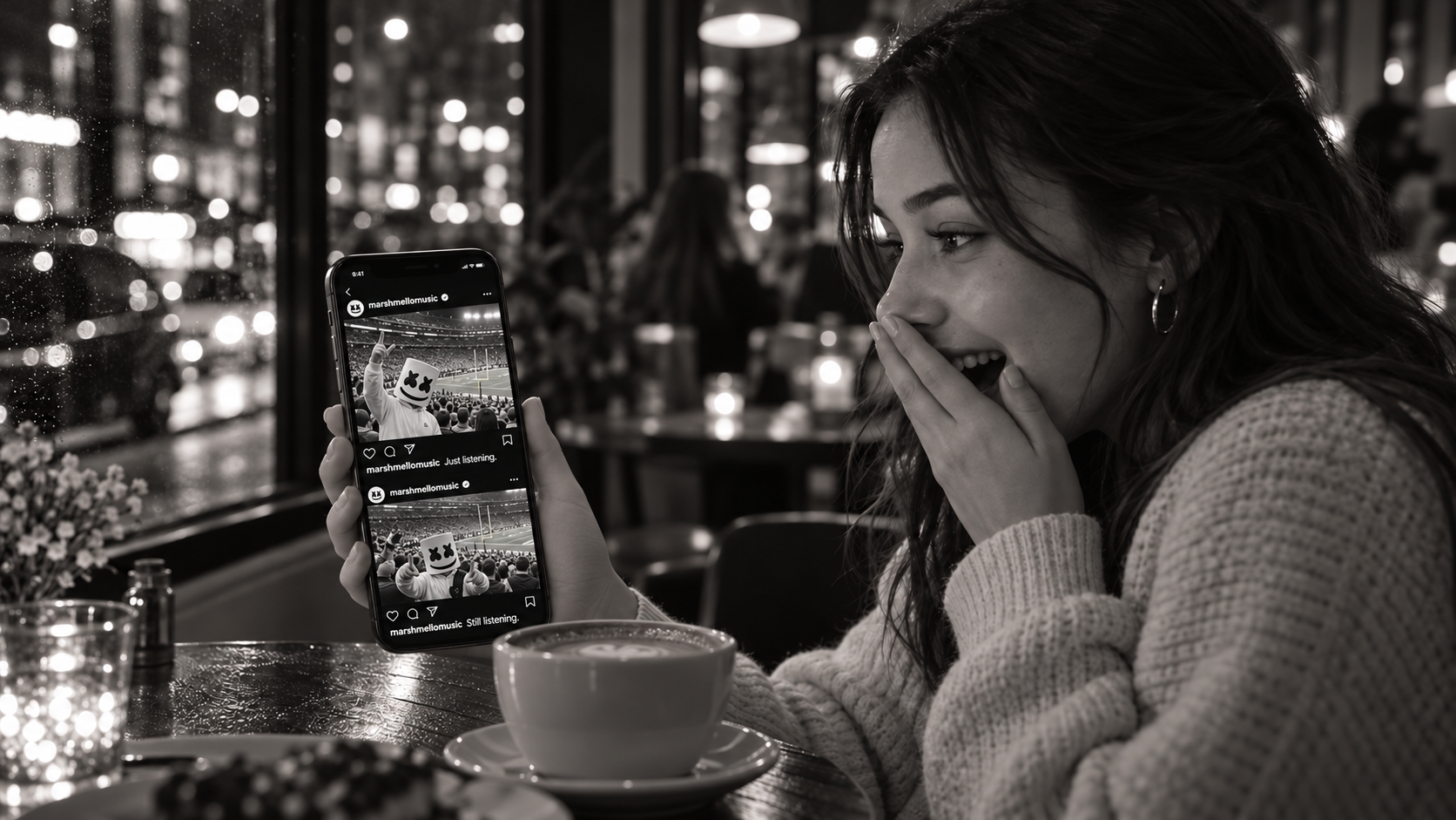 Campaign concept: a fan sees Marshmello posting from the NFC and AFC championship games on her phone.