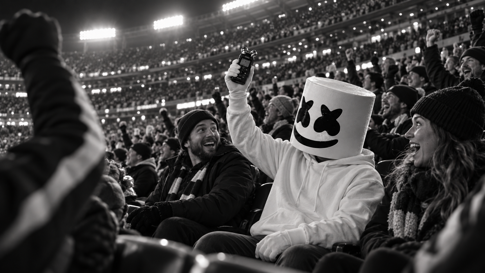 Concept: Marshmello raises his recorder among cheering fans as his neighbors recognize him.