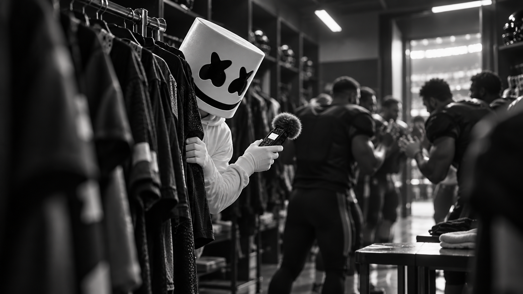 Concept: Marshmello’s white helmet gives him away as he records team claps from behind a rack of jerseys.