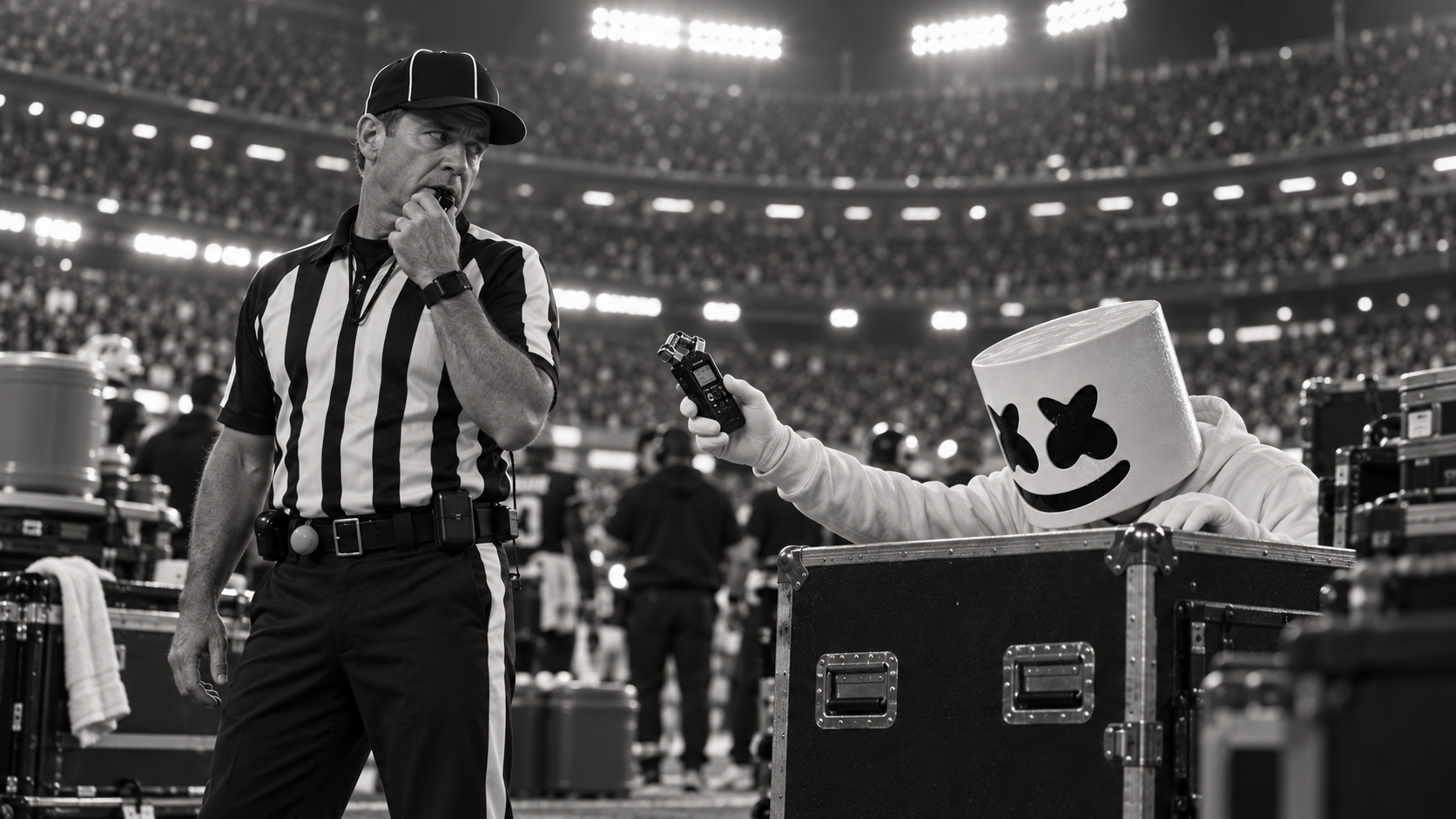 Concept: a referee notices Marshmello recording a practice whistle from behind a sideline equipment case.