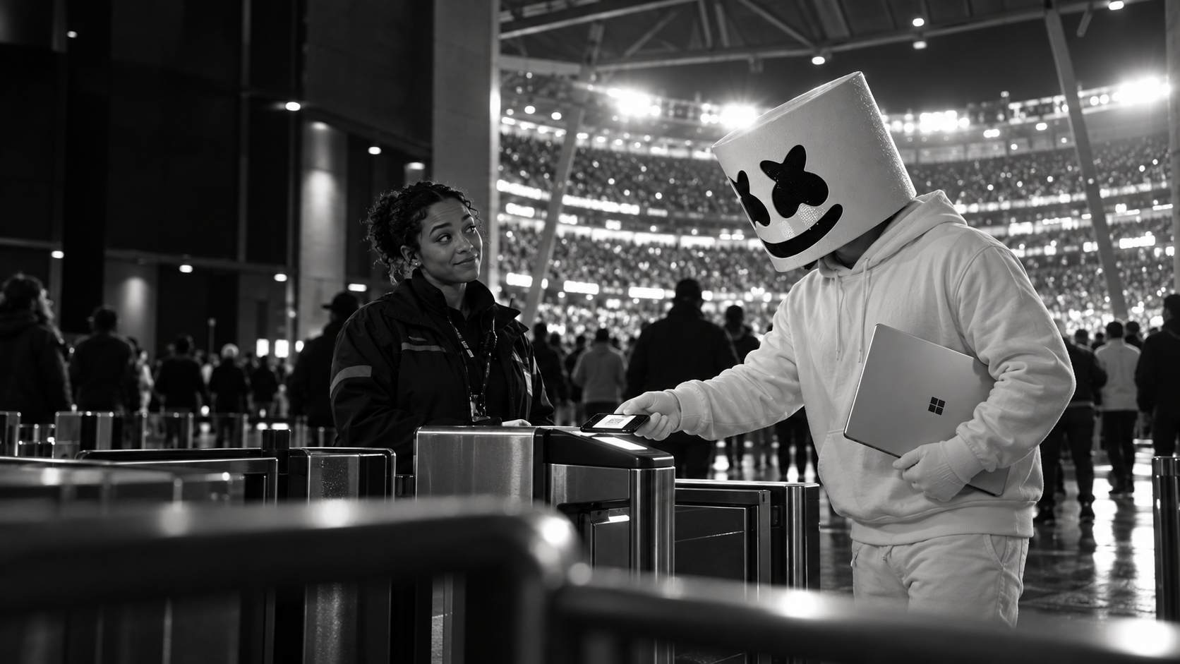 Concept: Marshmello scans his ticket with a Windows laptop under his arm while a gate attendant gives him an amused look.