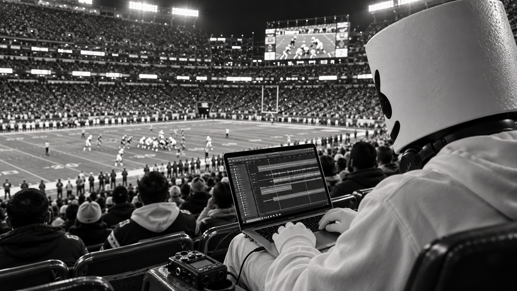 Concept: Marshmello composes on a Windows laptop in the stands as the football game continues behind him.