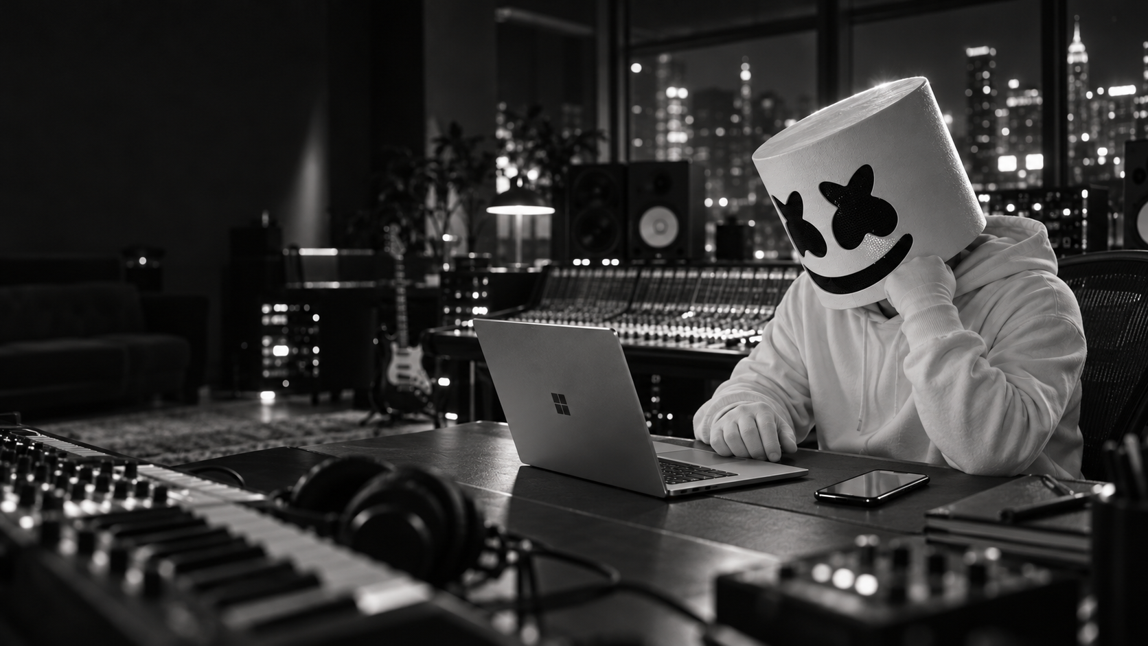 Campaign concept: Marshmello considers his next move in his studio, a Windows PC open in front of him.