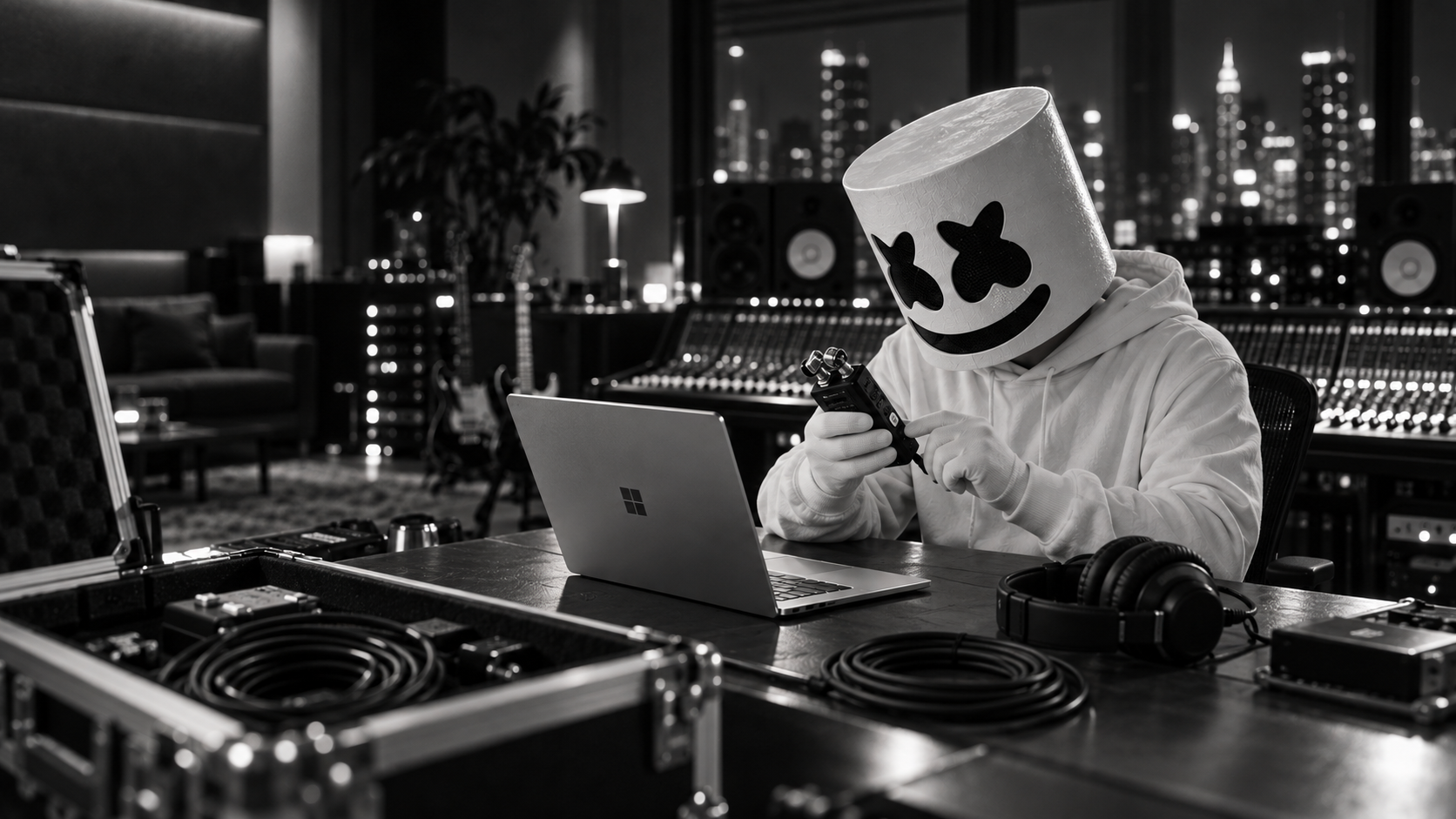Concept: Marshmello tests a handheld recorder beside his Windows laptop and recording kit in the studio.