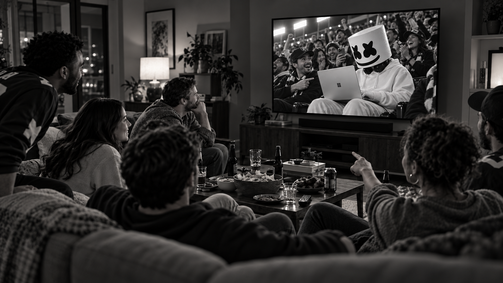 Concept: friends watch the Windows commercial at a Super Bowl house party. On television, cheering fans recognize Marshmello as he creates on his Surface laptop, facing the game.